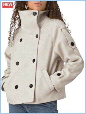 Cropped Wool Blend Pea Coat Double Breasted Short Trench Jacket